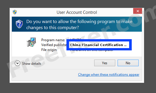 Screenshot where China Financial Certification Authority Co.Ltd appears as the verified publisher in the UAC dialog